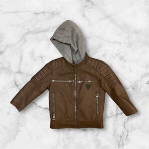 Guess Brown Faux Leather Jacket with Gray Hood sz 3